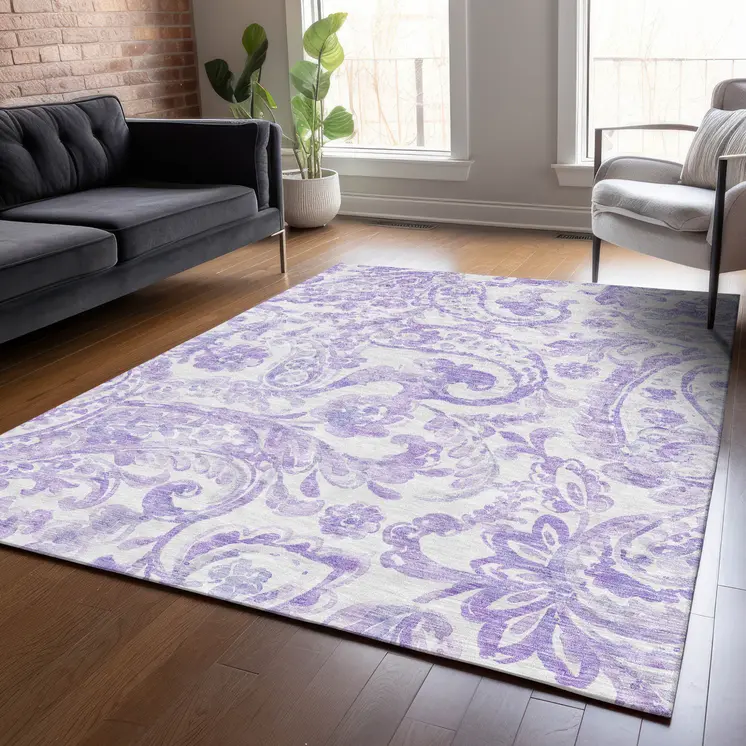 3' X 5' Lavender Ivory And Purple Paisley Washable Indoor Outdoor Area Rug