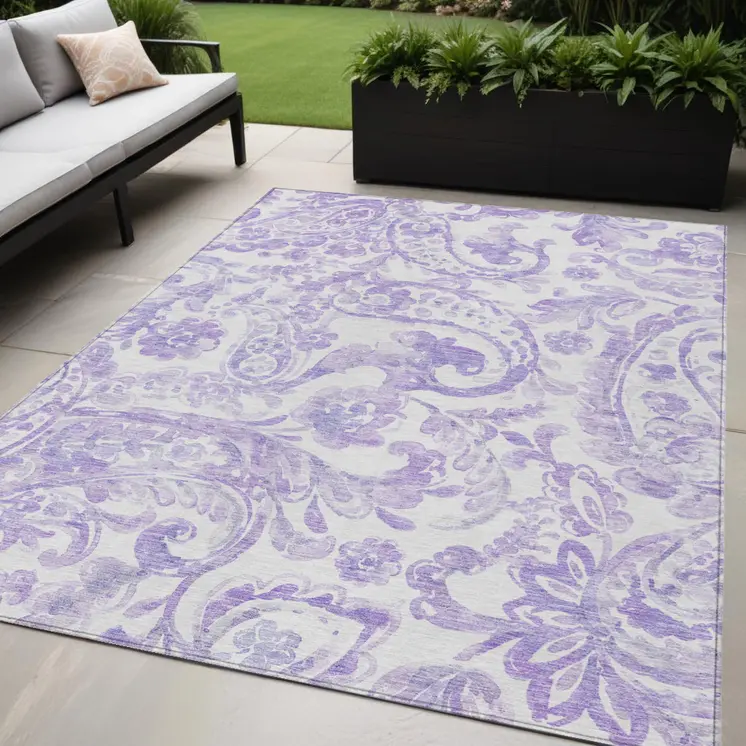 5' X 8' Lavender Ivory And Purple Paisley Washable Indoor Outdoor Area Rug