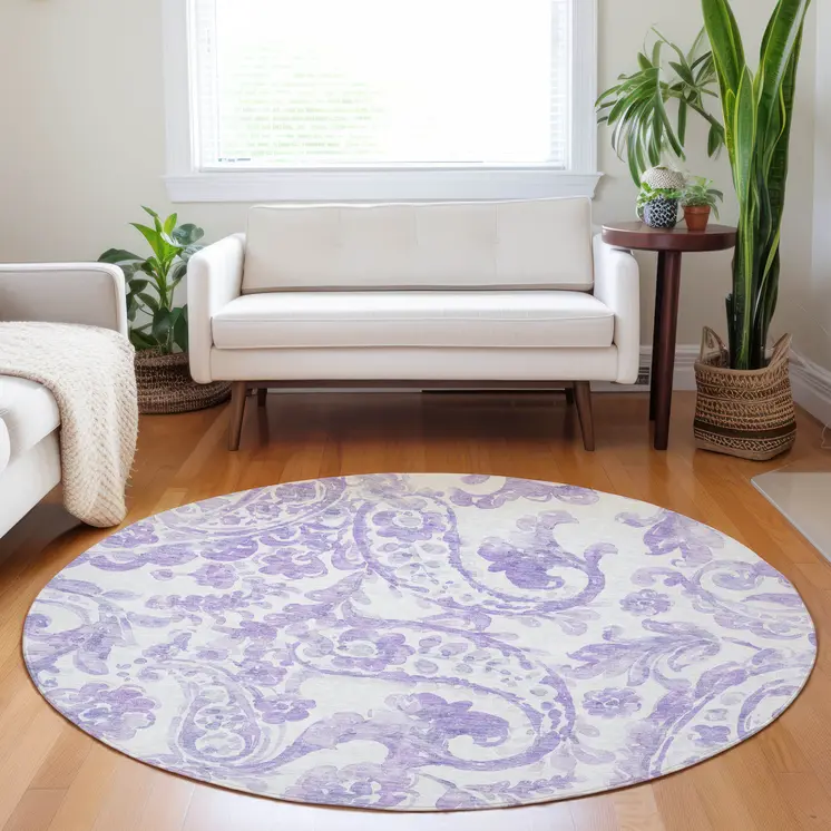 8' Lavender Ivory And Purple Round Paisley Washable Indoor Outdoor Area Rug