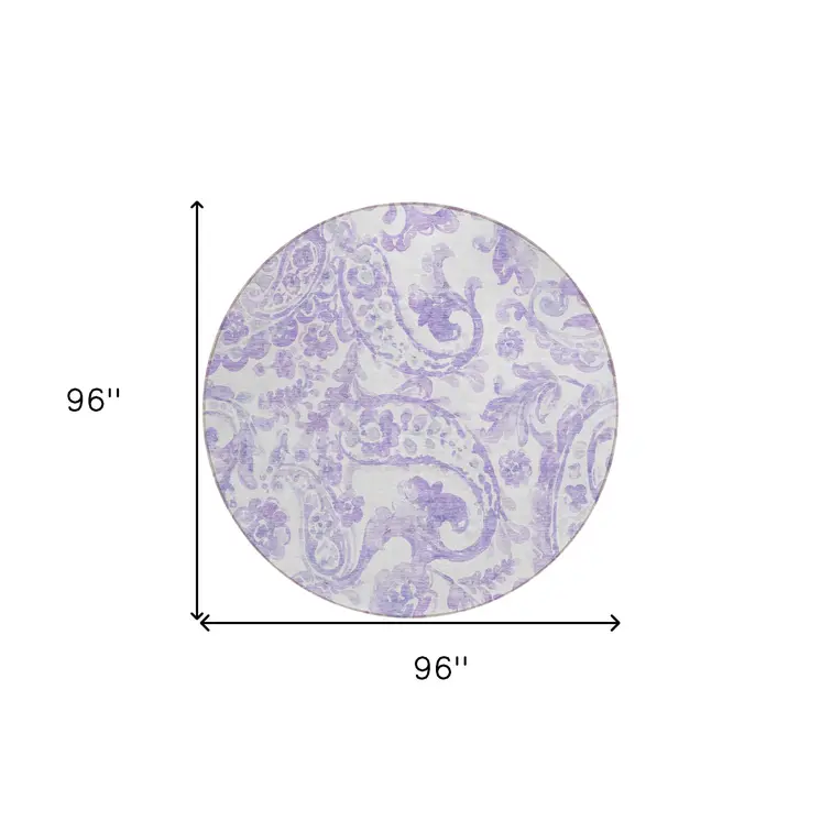 8' Lavender Ivory And Purple Round Paisley Washable Indoor Outdoor Area Rug