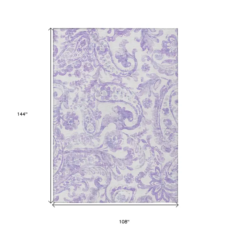 9' X 12' Lavender Ivory And Purple Paisley Washable Indoor Outdoor Area Rug