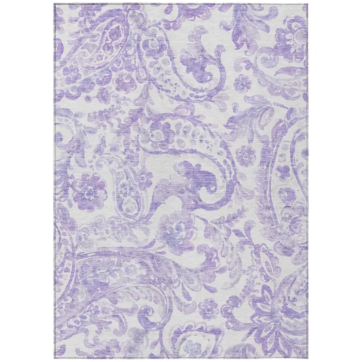 9' X 12' Lavender Ivory And Purple Paisley Washable Indoor Outdoor Area Rug