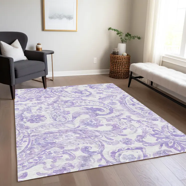 9' X 12' Lavender Ivory And Purple Paisley Washable Indoor Outdoor Area Rug