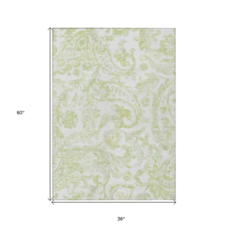 3' X 5' Sage Green And Ivory Paisley Washable Indoor Outdoor Area Rug