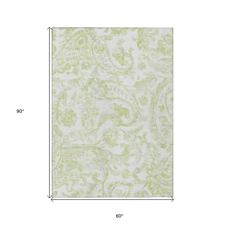 5' X 8' Sage Green And Ivory Paisley Washable Indoor Outdoor Area Rug