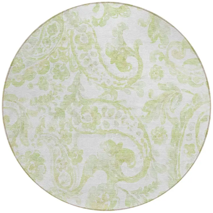 8' Sage Green And Ivory Round Paisley Washable Indoor Outdoor Area Rug