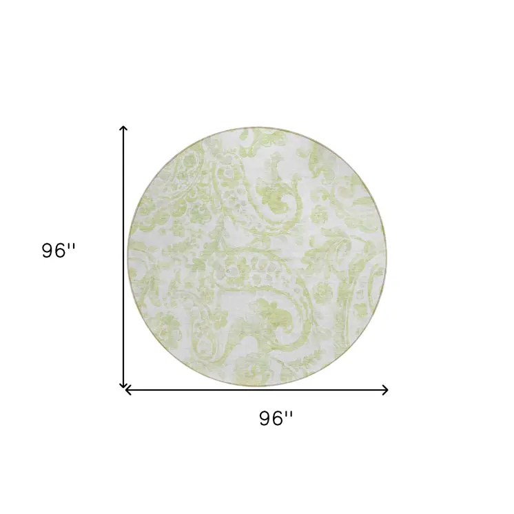 8' Sage Green And Ivory Round Paisley Washable Indoor Outdoor Area Rug