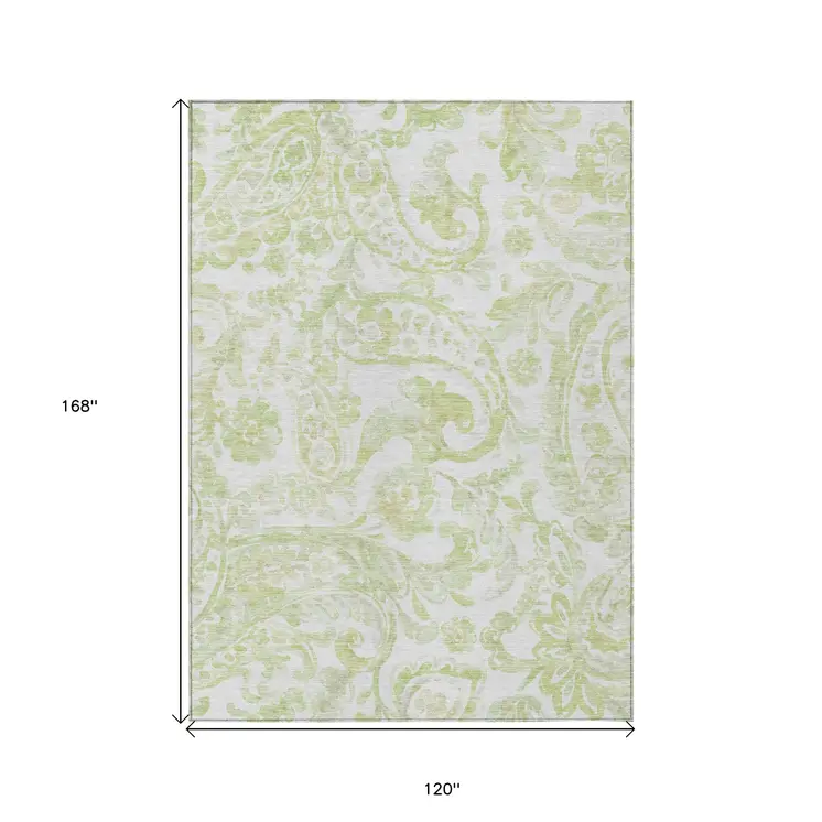 10' X 14' Sage Green And Ivory Paisley Washable Indoor Outdoor Area Rug