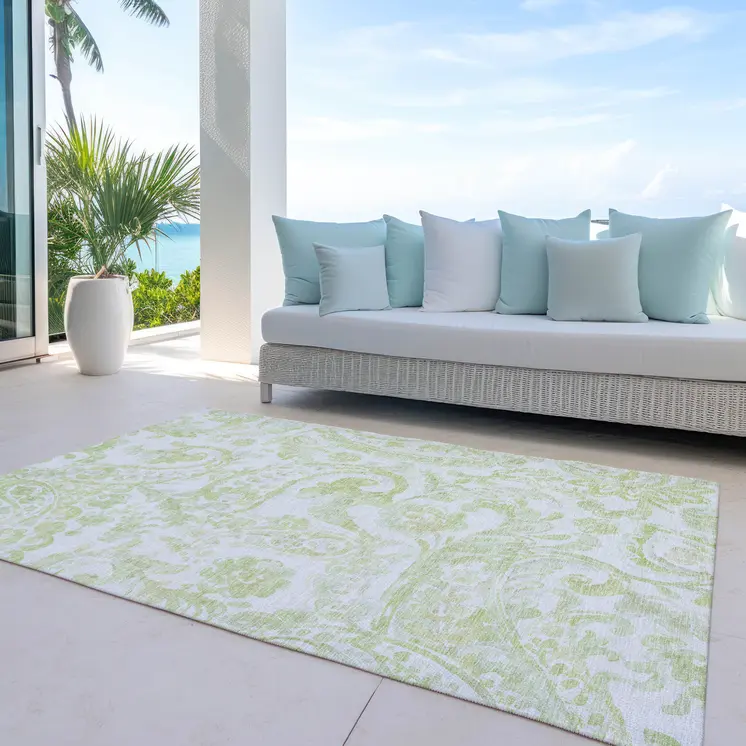 10' X 14' Sage Green And Ivory Paisley Washable Indoor Outdoor Area Rug