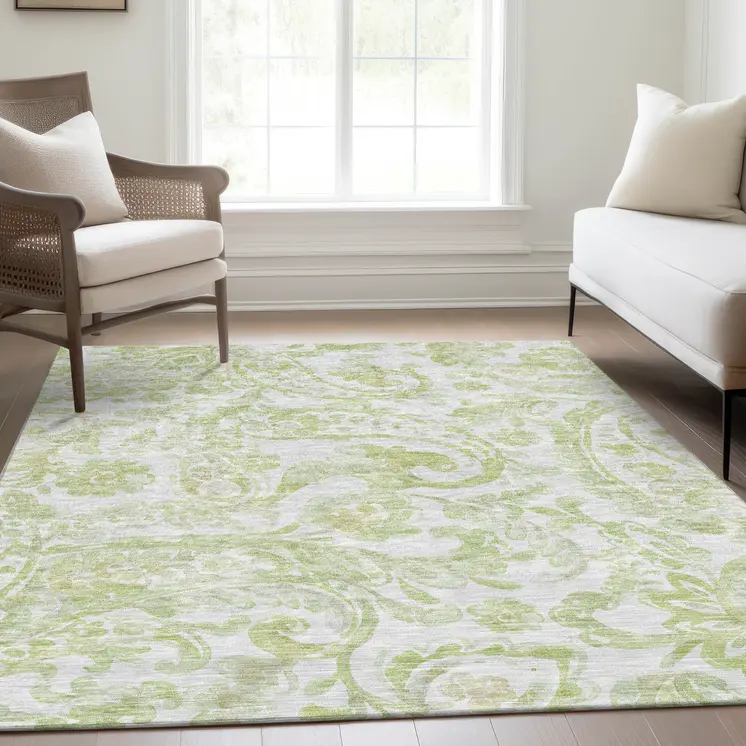 10' X 14' Sage Green And Ivory Paisley Washable Indoor Outdoor Area Rug