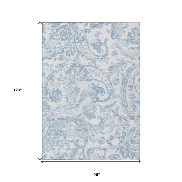 8' X 10' Sky Blue Denim Blue And Ivory Paisley Washable Indoor Outdoor Area Rug