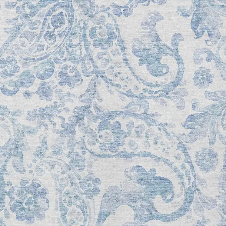8' X 10' Sky Blue Denim Blue And Ivory Paisley Washable Indoor Outdoor Area Rug