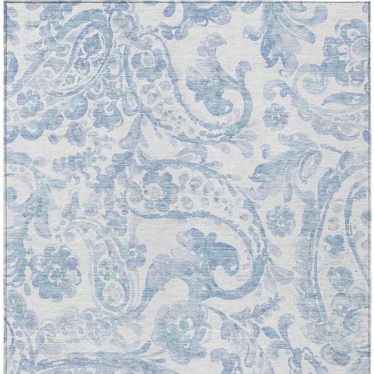 9' X 12' Sky Blue Denim Blue And Ivory Paisley Washable Indoor Outdoor Area Rug
