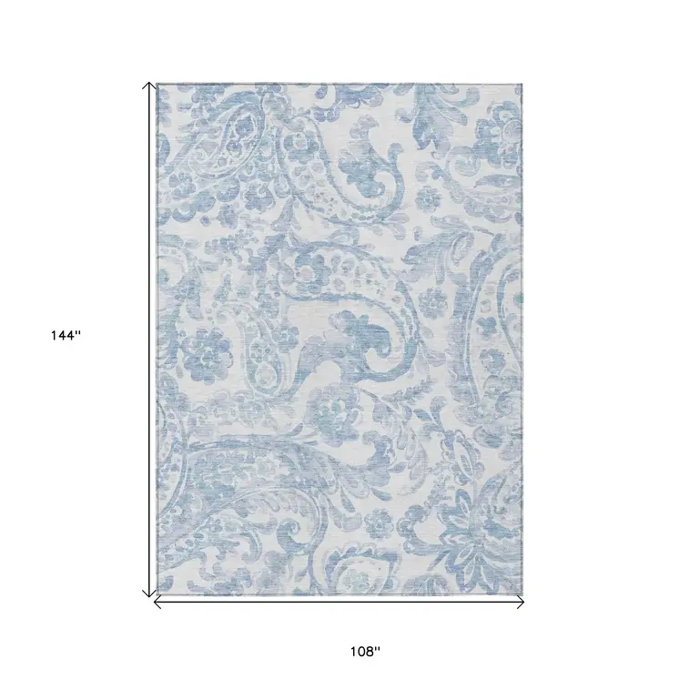 9' X 12' Sky Blue Denim Blue And Ivory Paisley Washable Indoor Outdoor Area Rug