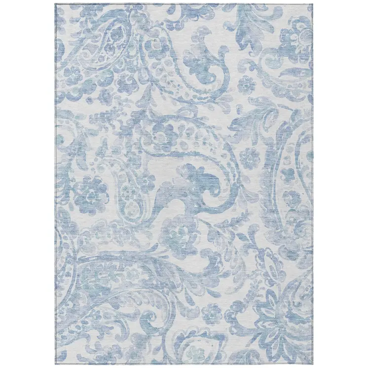 9' X 12' Sky Blue Denim Blue And Ivory Paisley Washable Indoor Outdoor Area Rug