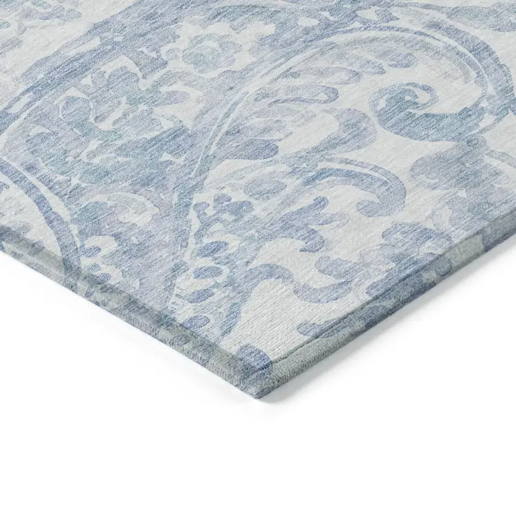 9' X 12' Sky Blue Denim Blue And Ivory Paisley Washable Indoor Outdoor Area Rug