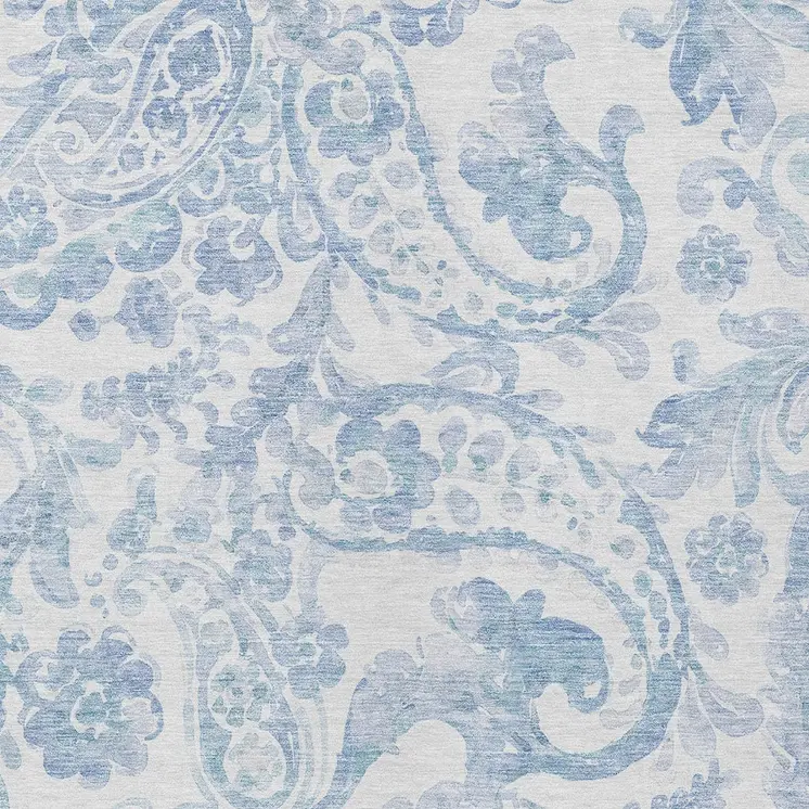 9' X 12' Sky Blue Denim Blue And Ivory Paisley Washable Indoor Outdoor Area Rug