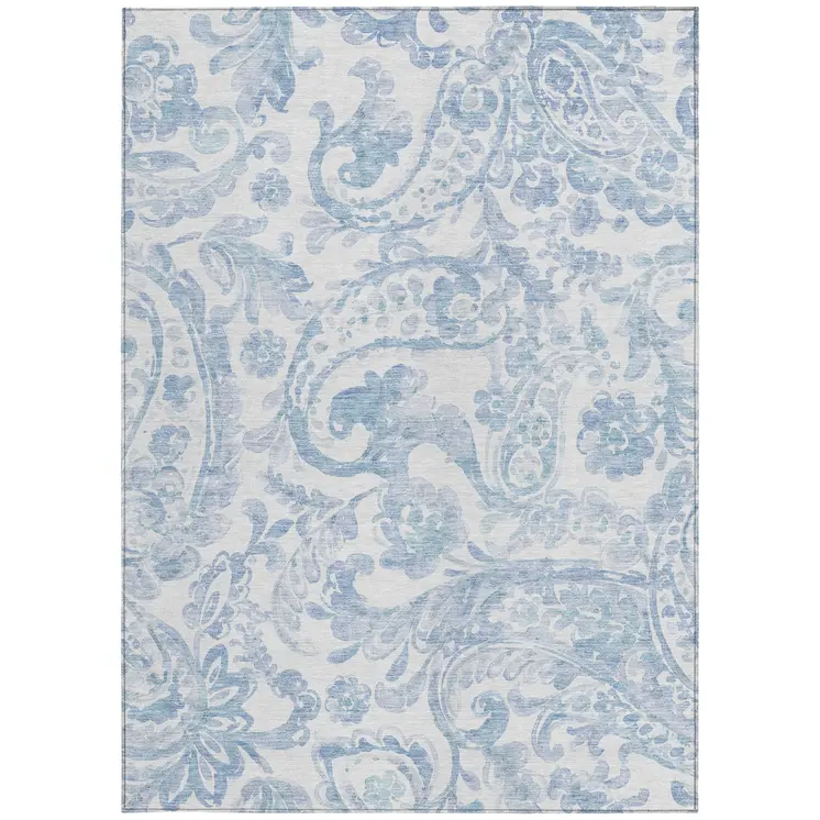 10' X 14' Sky Blue Denim Blue And Ivory Paisley Washable Indoor Outdoor Area Rug