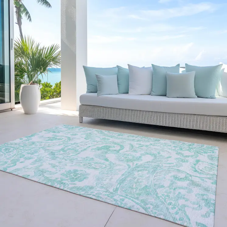 3' X 5' Turquoise And Ivory Paisley Washable Indoor Outdoor Area Rug