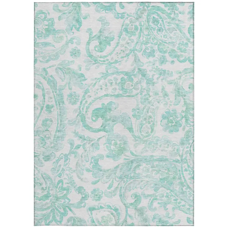 5' X 8' Turquoise And Ivory Paisley Washable Indoor Outdoor Area Rug