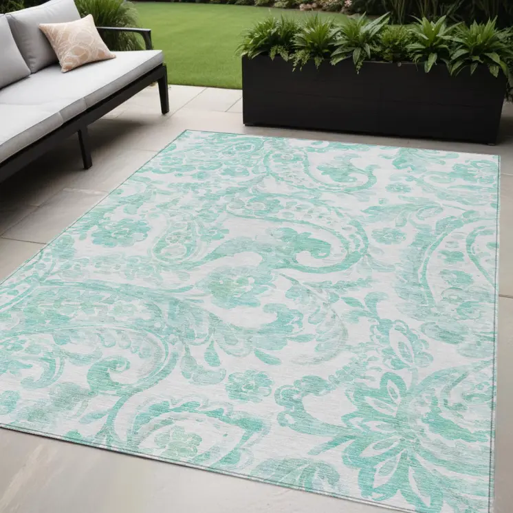 5' X 8' Turquoise And Ivory Paisley Washable Indoor Outdoor Area Rug