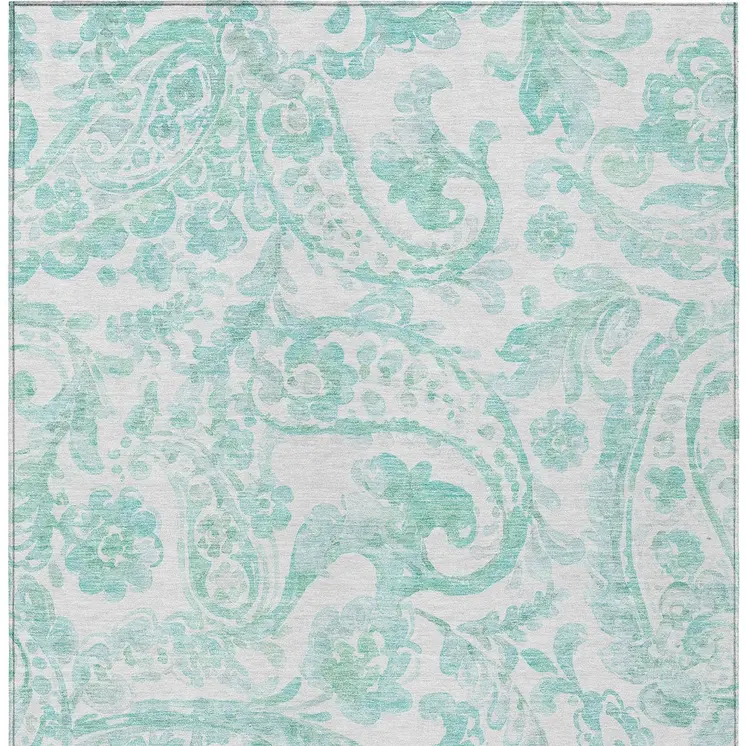 5' X 8' Turquoise And Ivory Paisley Washable Indoor Outdoor Area Rug