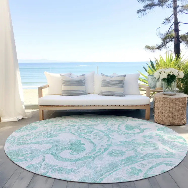 8' Turquoise And Ivory Round Paisley Washable Indoor Outdoor Area Rug