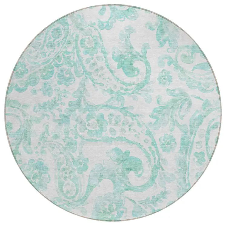 8' Turquoise And Ivory Round Paisley Washable Indoor Outdoor Area Rug