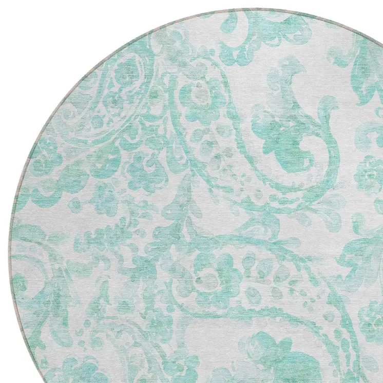 8' Turquoise And Ivory Round Paisley Washable Indoor Outdoor Area Rug