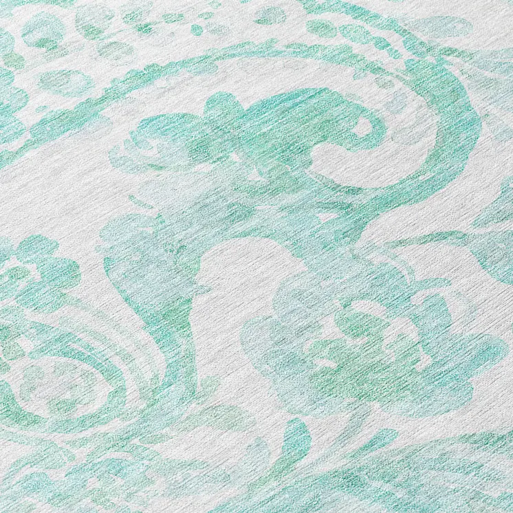 8' Turquoise And Ivory Round Paisley Washable Indoor Outdoor Area Rug