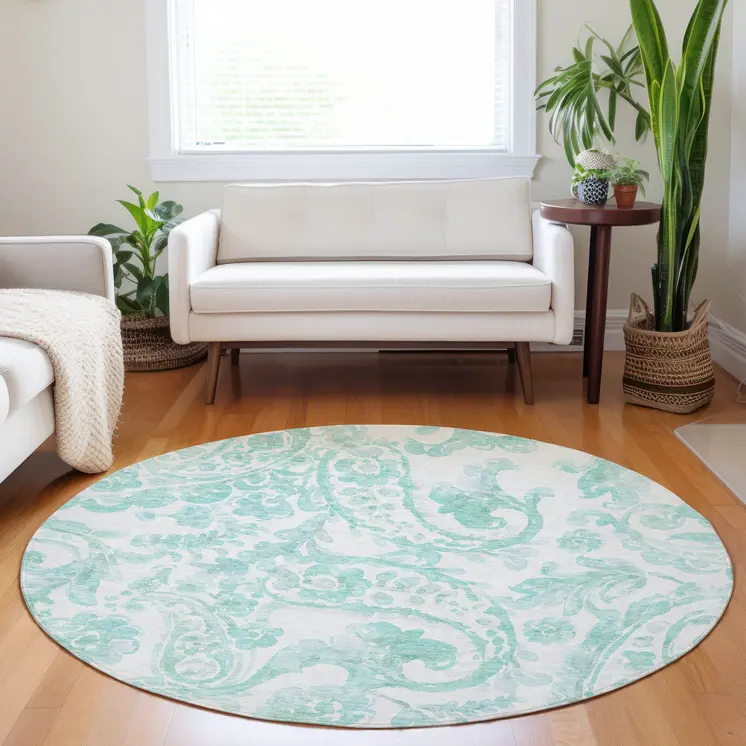 8' Turquoise And Ivory Round Paisley Washable Indoor Outdoor Area Rug