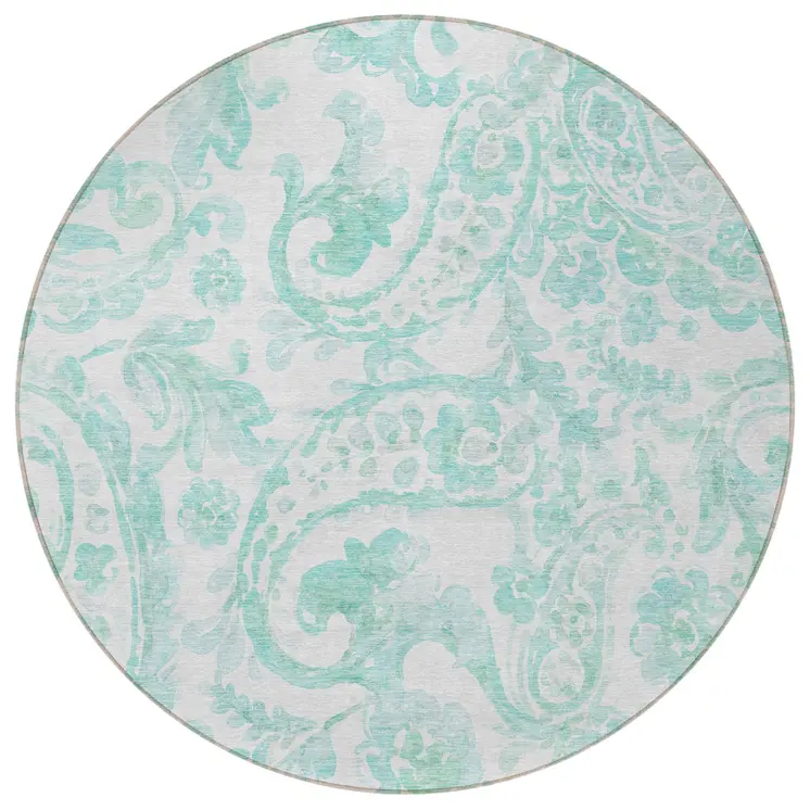 8' Turquoise And Ivory Round Paisley Washable Indoor Outdoor Area Rug