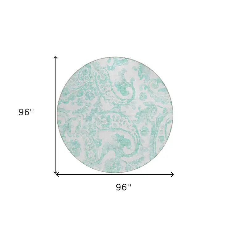 8' Turquoise And Ivory Round Paisley Washable Indoor Outdoor Area Rug