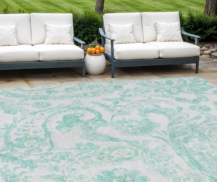 9' X 12' Turquoise And Ivory Paisley Washable Indoor Outdoor Area Rug