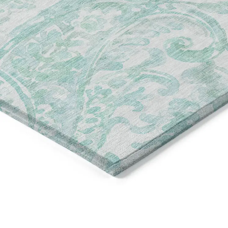 9' X 12' Turquoise And Ivory Paisley Washable Indoor Outdoor Area Rug