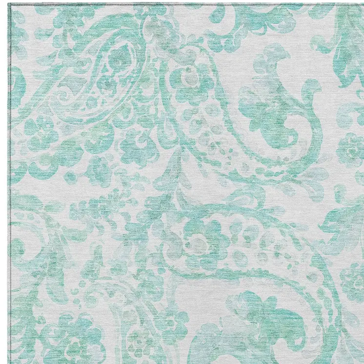 9' X 12' Turquoise And Ivory Paisley Washable Indoor Outdoor Area Rug