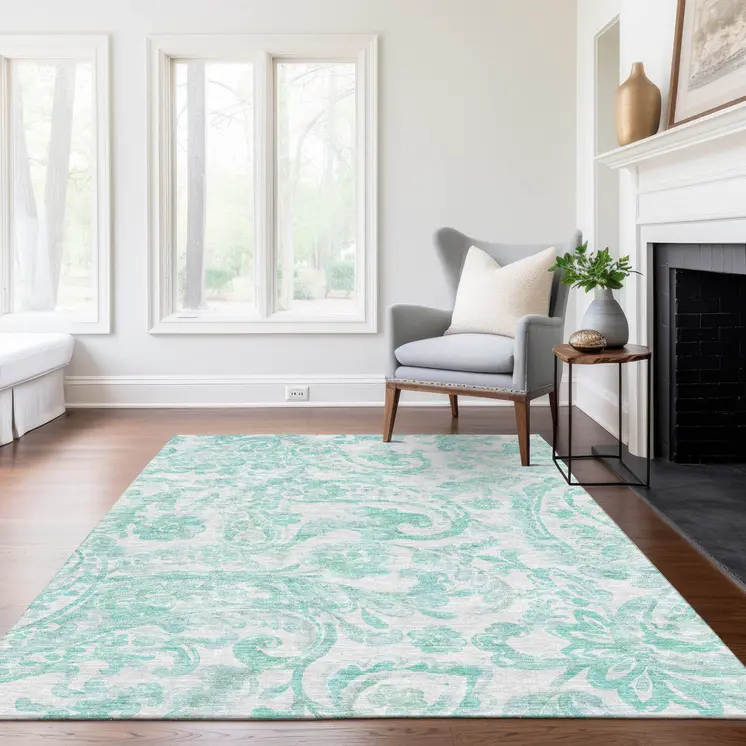 9' X 12' Turquoise And Ivory Paisley Washable Indoor Outdoor Area Rug