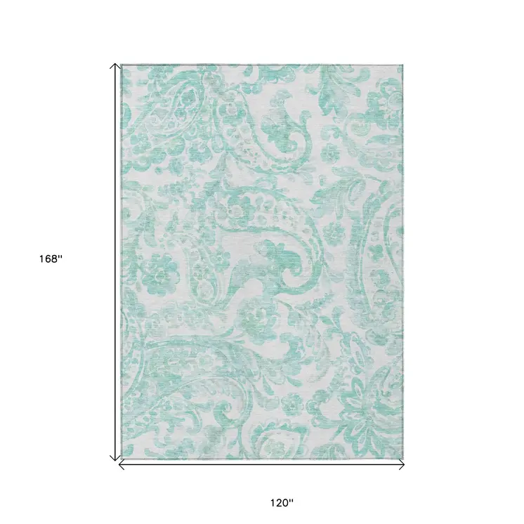 10' X 14' Turquoise And Ivory Paisley Washable Indoor Outdoor Area Rug