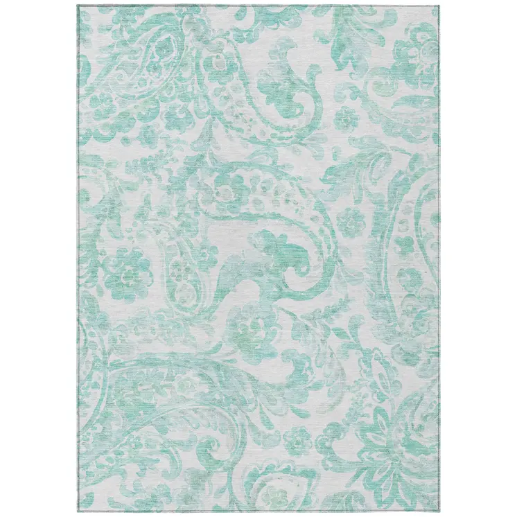 10' X 14' Turquoise And Ivory Paisley Washable Indoor Outdoor Area Rug