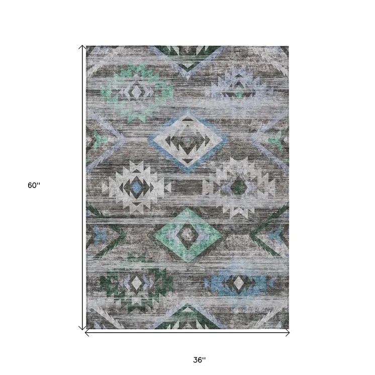 3' X 5' Brown Beige And Blue Southwestern Washable Indoor Outdoor Area Rug