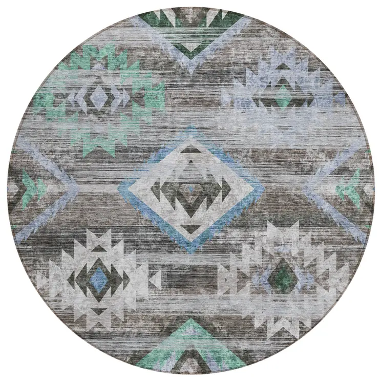 8' Brown Beige And Blue Round Southwestern Washable Indoor Outdoor Area Rug