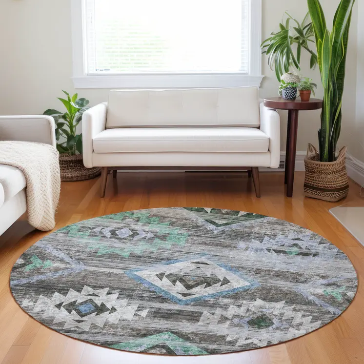 8' Brown Beige And Blue Round Southwestern Washable Indoor Outdoor Area Rug