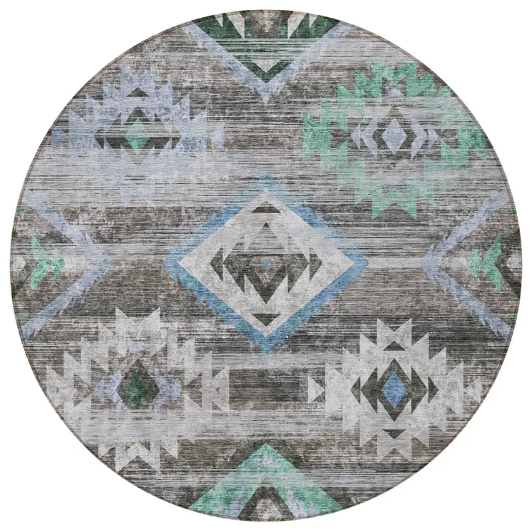 8' Brown Beige And Blue Round Southwestern Washable Indoor Outdoor Area Rug