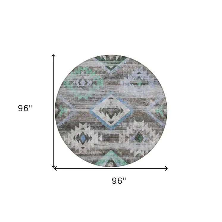 8' Brown Beige And Blue Round Southwestern Washable Indoor Outdoor Area Rug