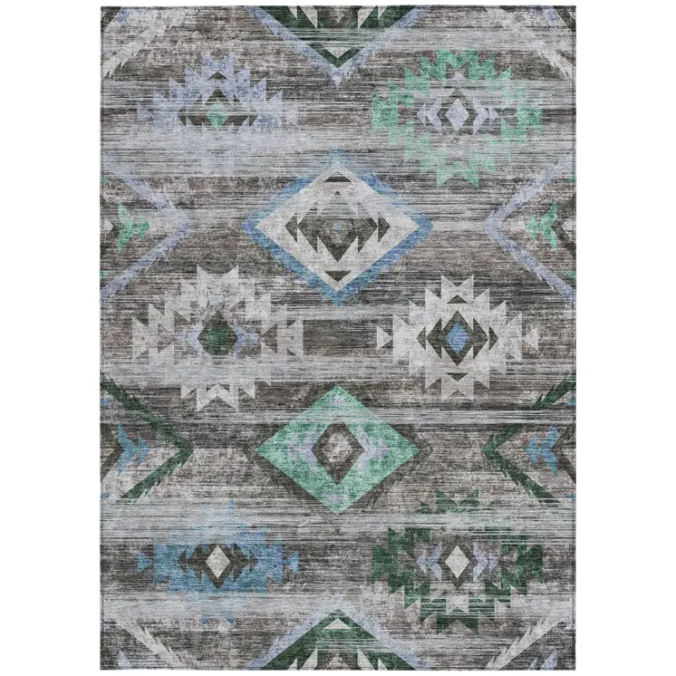 10' X 14' Brown Beige And Blue Southwestern Washable Indoor Outdoor Area Rug
