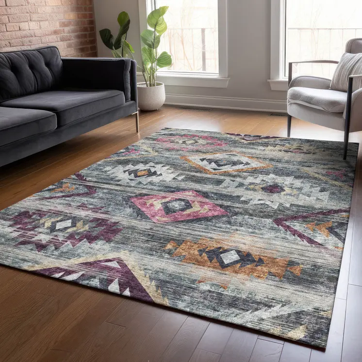 3' X 5' Gray Charcoal And Silver Southwestern Washable Indoor Outdoor Area Rug