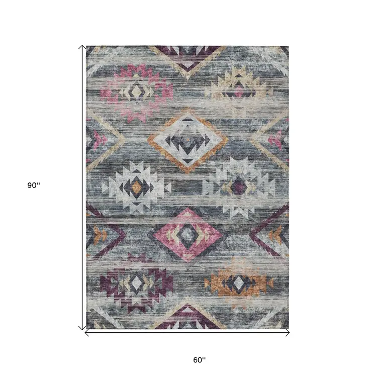 5' X 8' Gray Charcoal And Silver Southwestern Washable Indoor Outdoor Area Rug
