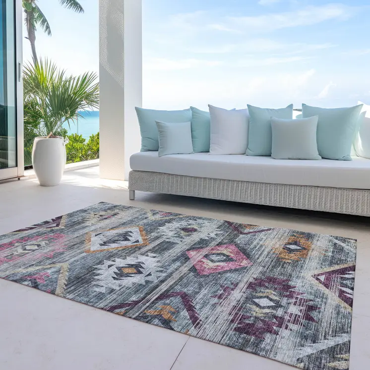 5' X 8' Gray Charcoal And Silver Southwestern Washable Indoor Outdoor Area Rug