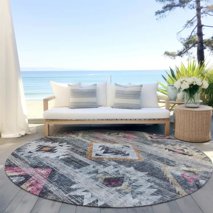 8' Gray Charcoal And Silver Round Southwestern Washable Indoor Outdoor Area Rug