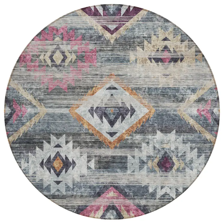 8' Gray Charcoal And Silver Round Southwestern Washable Indoor Outdoor Area Rug